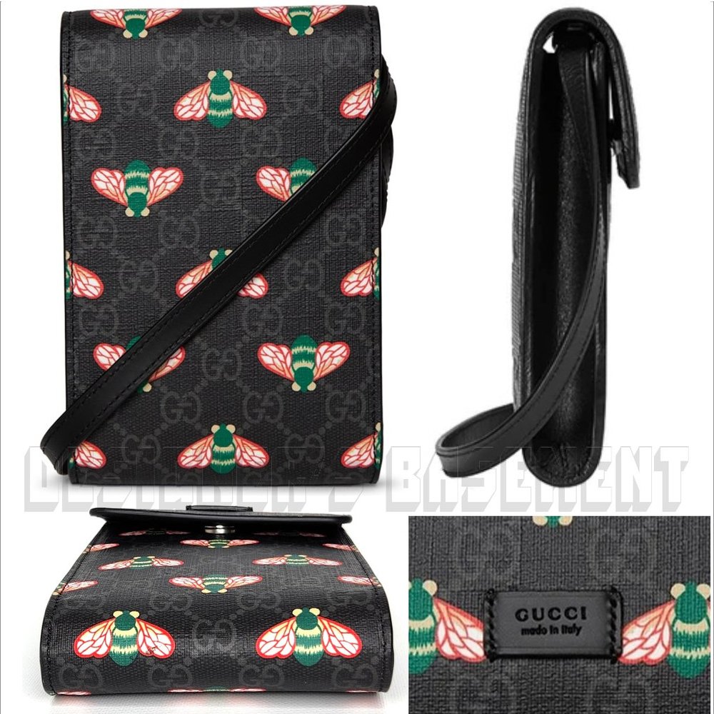 GUCCI black leather BESTIARY Bee GG Supreme black Canvas Cross Body PHONE bag 🎁 - Picture 4 of 5